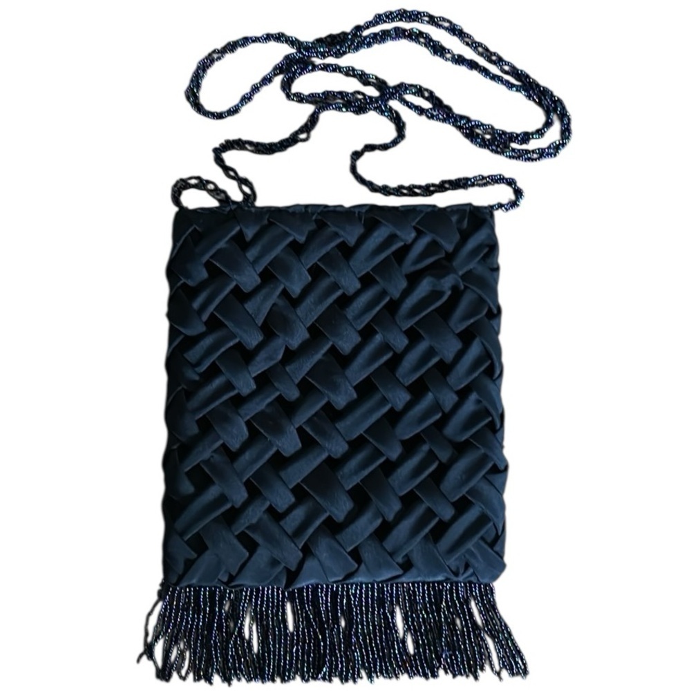 Vintage Navy Blue Woven Evening Bag with Beaded Fringe and Crossbody Strap